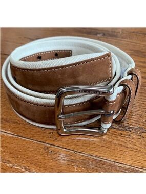 Paul & Shark Ivory Cotton and Brown Leather Belt Men’s Brass Silver Buckle 42